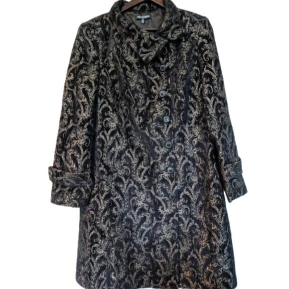 NWOT Linea Domani Black and Gold Jacquard Brocade Dress Coat Size 12 - Picture 2 of 9